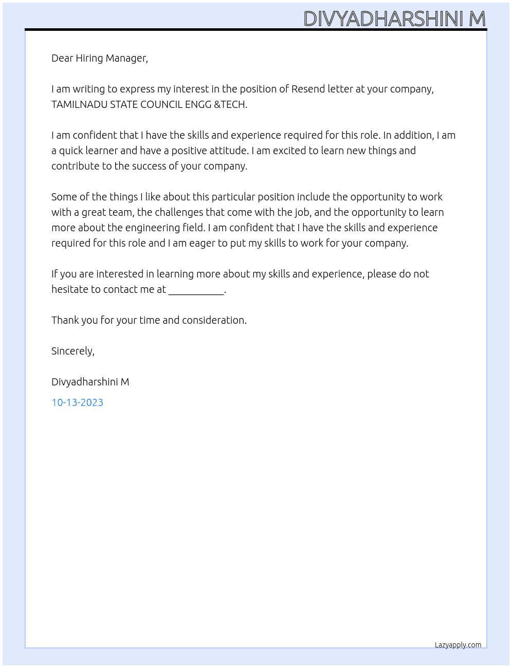 Resend letter At TAMILNADU STATE COUNCIL ENGG &TECH Cover Letter