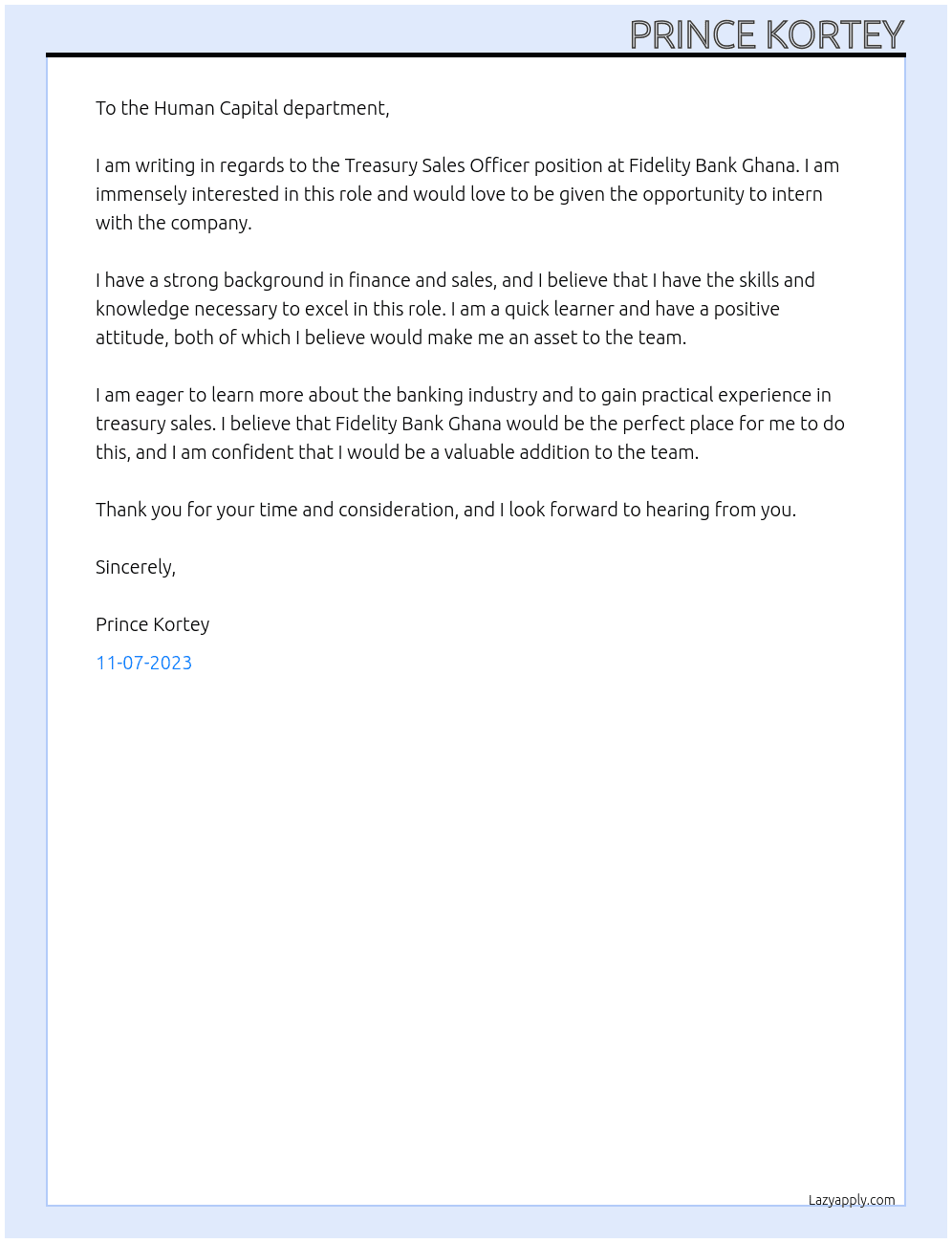 Treasury Sales Officer At Fidelity Bank Ghana Cover Letter