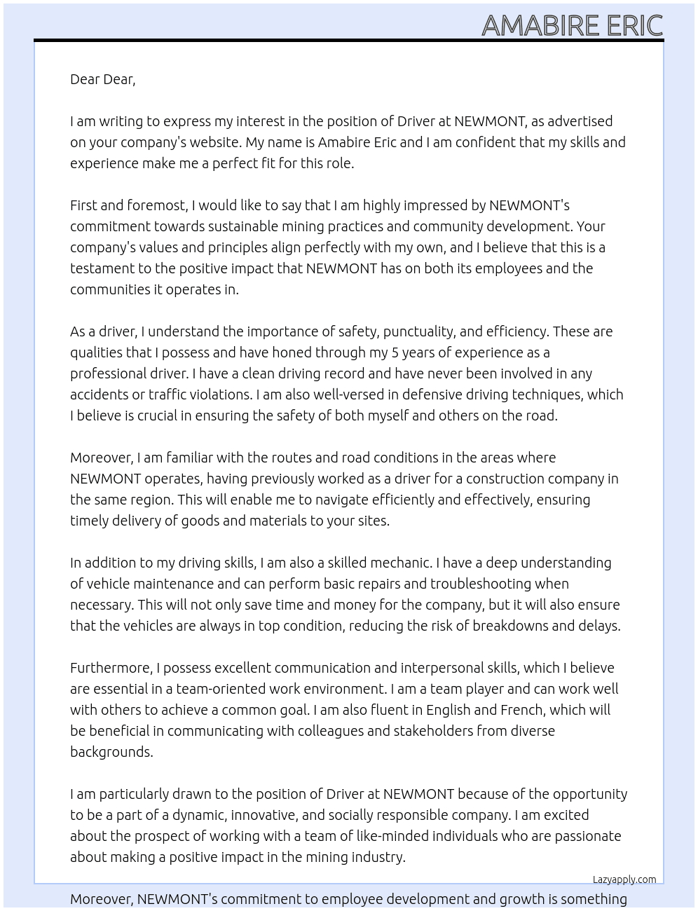 DRIVER At NEWMONT Cover Letter