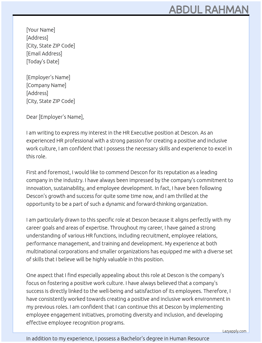 HR Executive At Descon Cover Letter