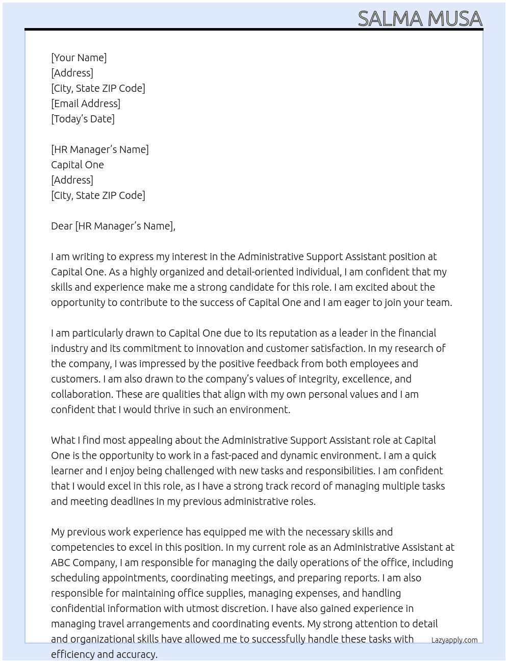 Administrative Support Assistant At Capital One Cover Letter