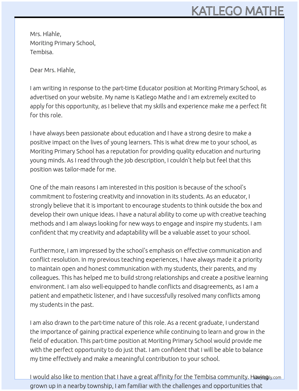 Educator  At Moriting Primary School  Cover Letter