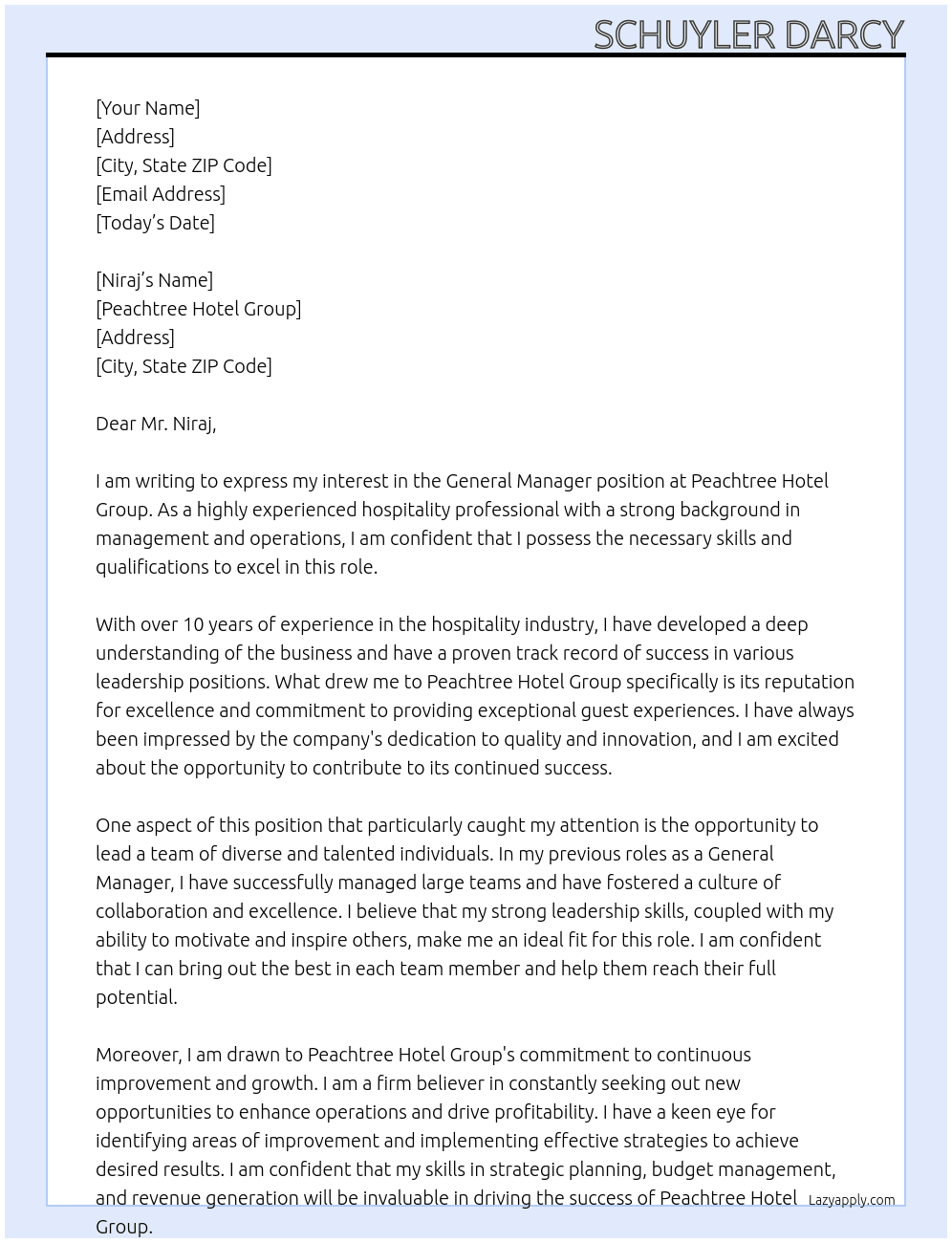 General Manager At Peachtree Hotel Group Cover Letter
