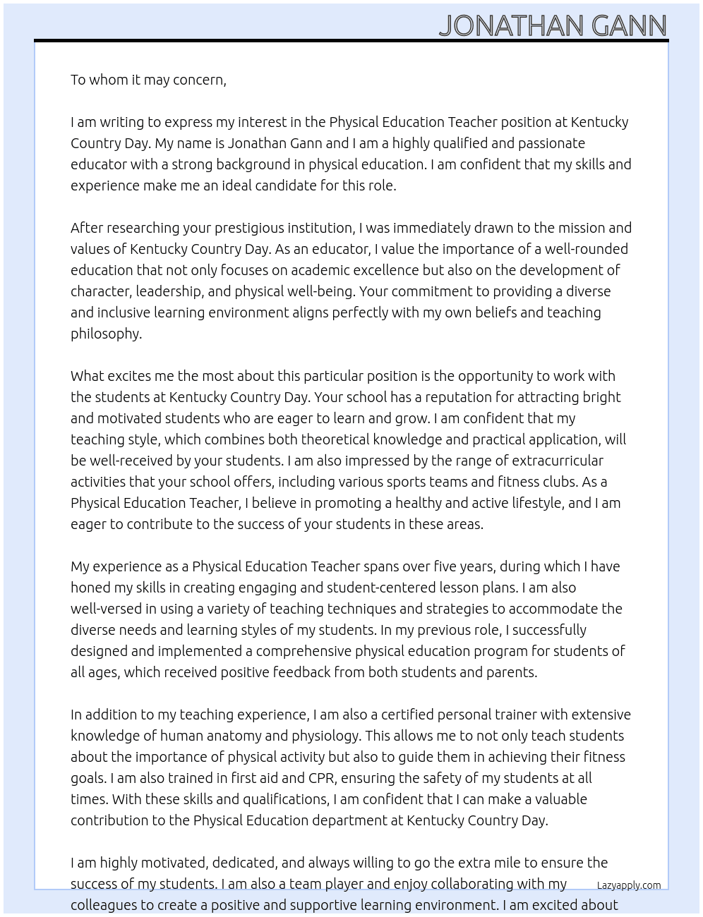 Physical Education Teacher At Kentucky Country Day  Cover Letter