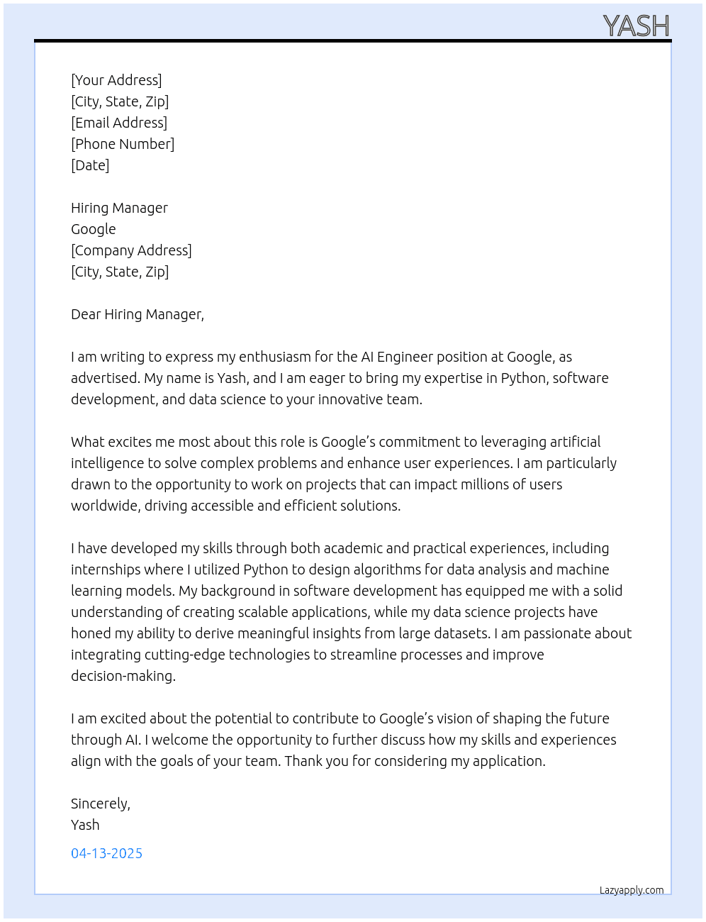 AI Engineer At Google Cover Letter