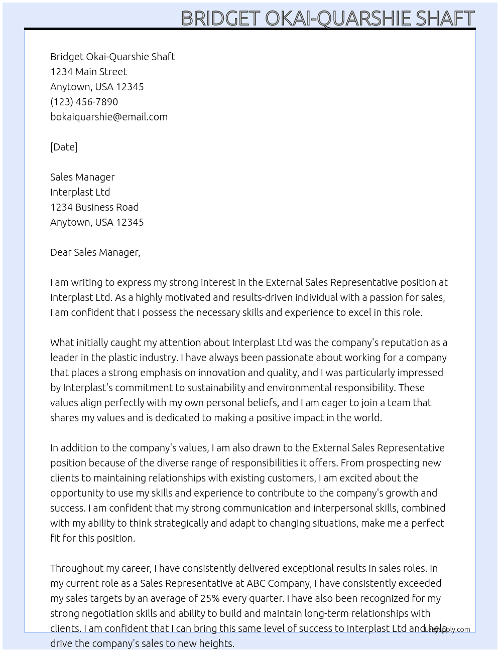 EXTERNAL SALES REPRESENTATIVE At Interplast Ltd Cover Letter