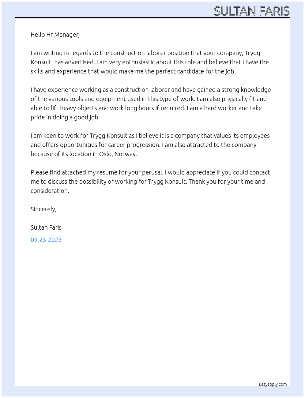 construction laborer At trygg konsult Cover Letter