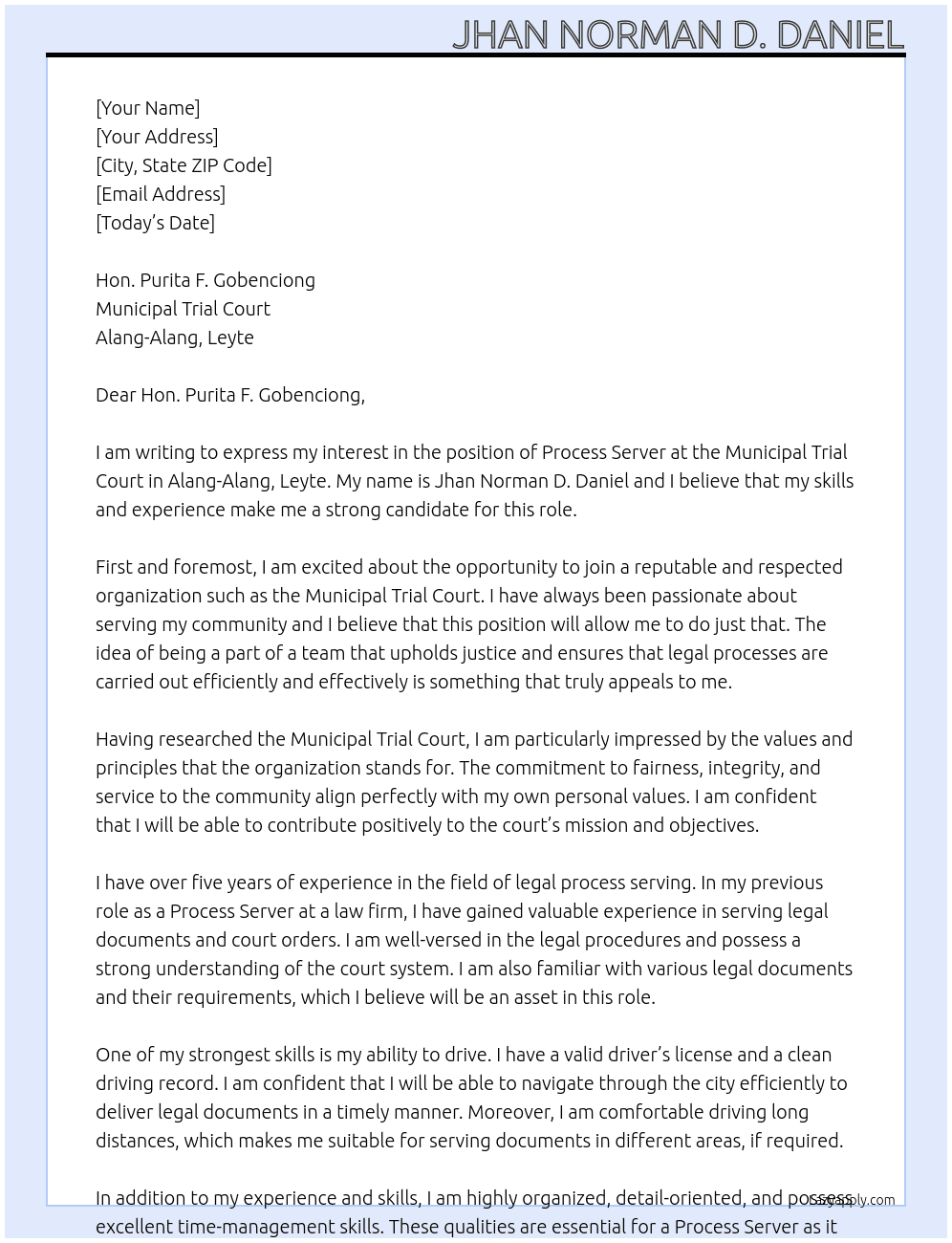 Cover letter for process server - LazyApply