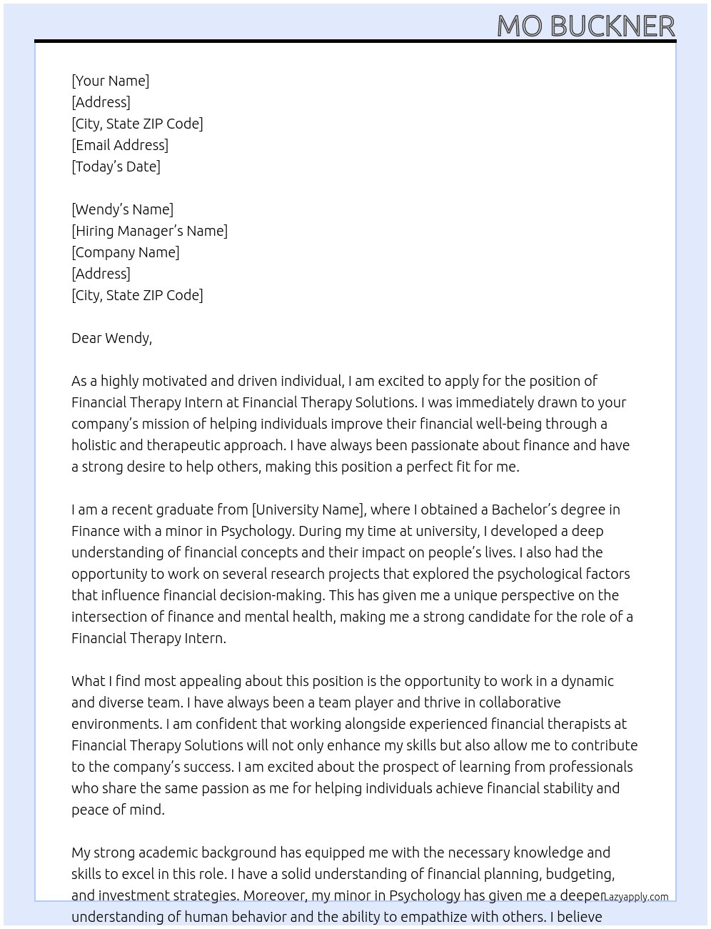 Financial Therapy Intern At Financial Therapy solutions Cover Letter