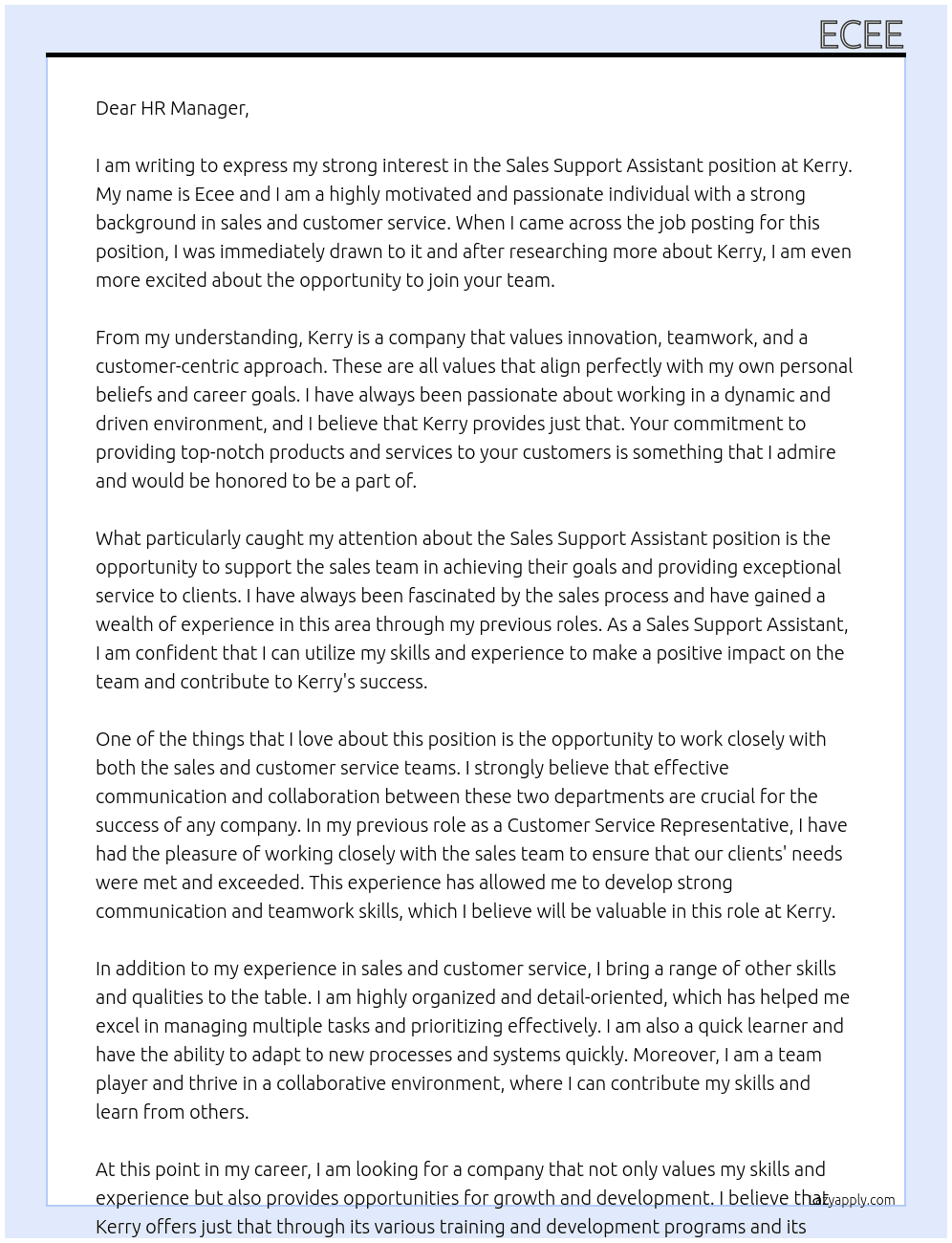 sales support assistant At kerry Cover Letter