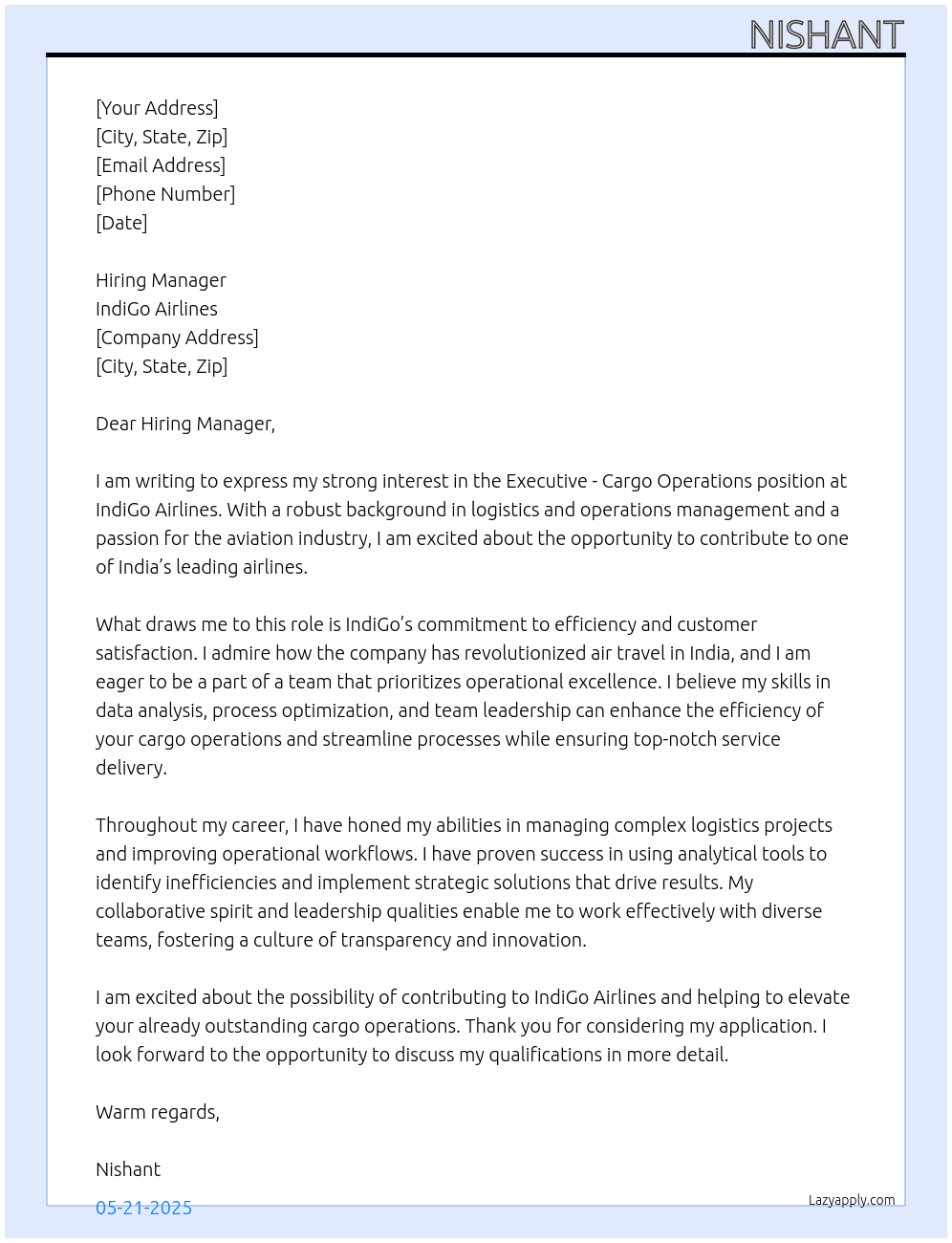 Cover letter for executive cargo operations - LazyApply