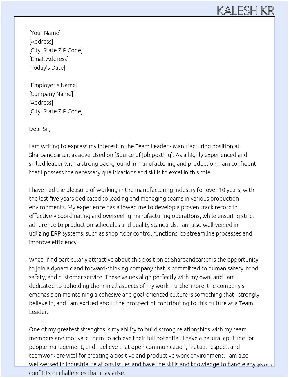 Team Leader - Manufacturing At sharpandcarter Cover Letter
