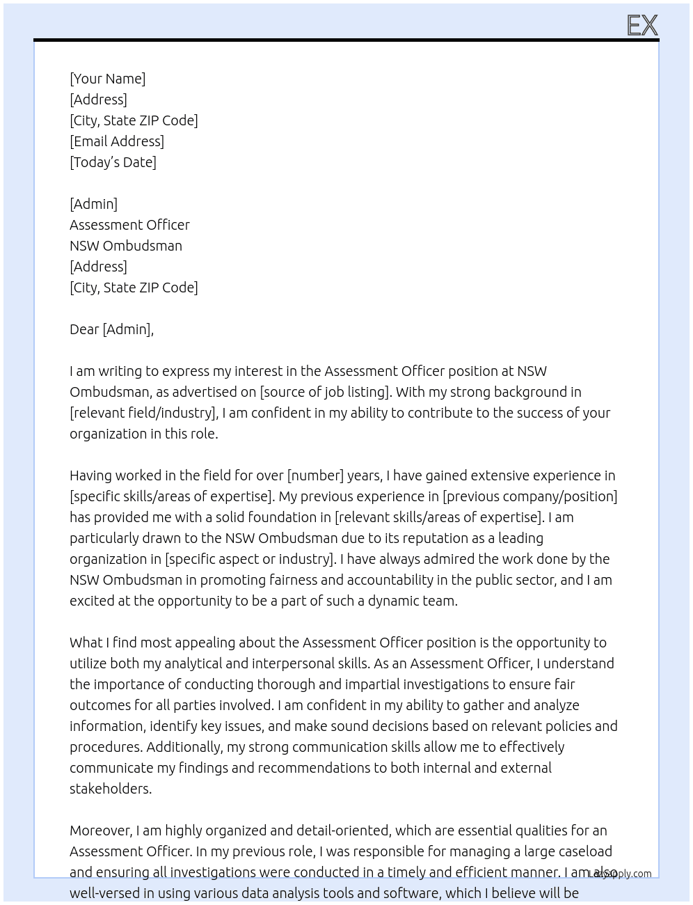 Assessment Officer At NSW Ombudsman Cover Letter