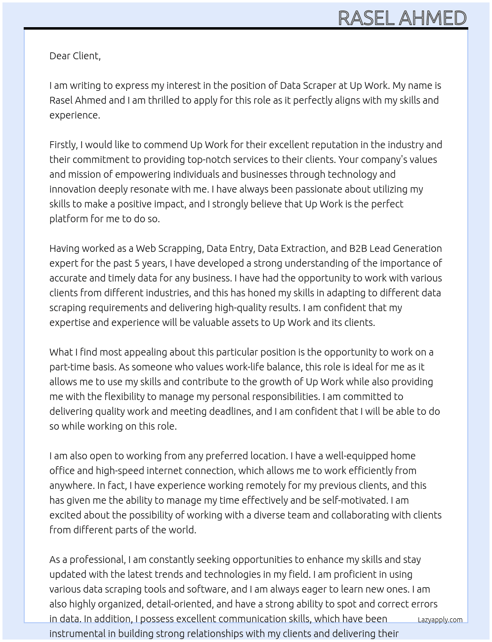 Data scrapper At Up work Cover Letter
