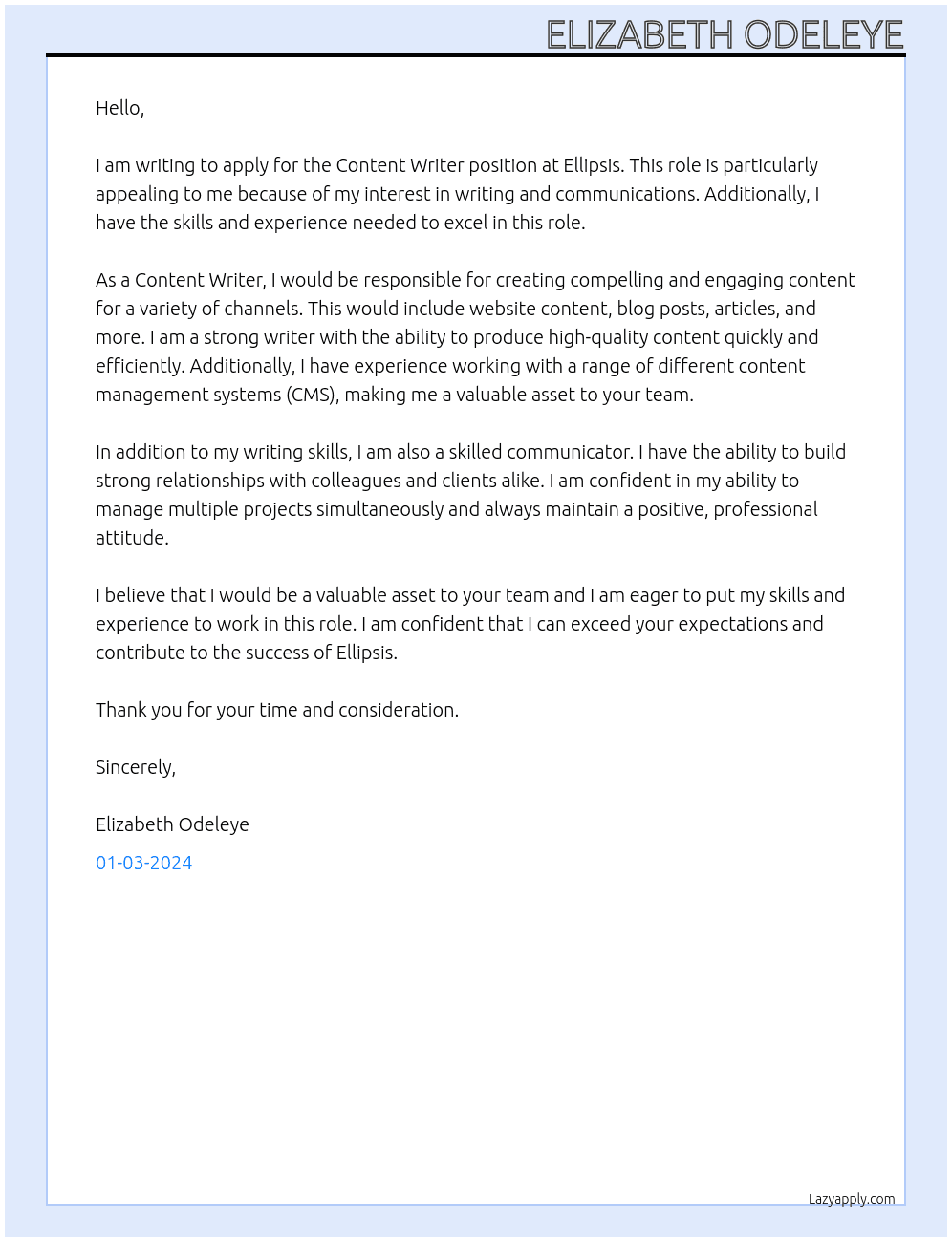Content Writer At Ellipsis Cover Letter