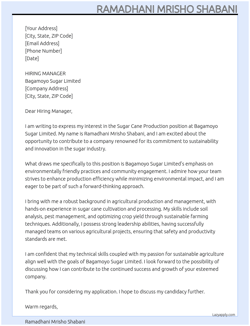 Cover letter for surag cane production - LazyApply