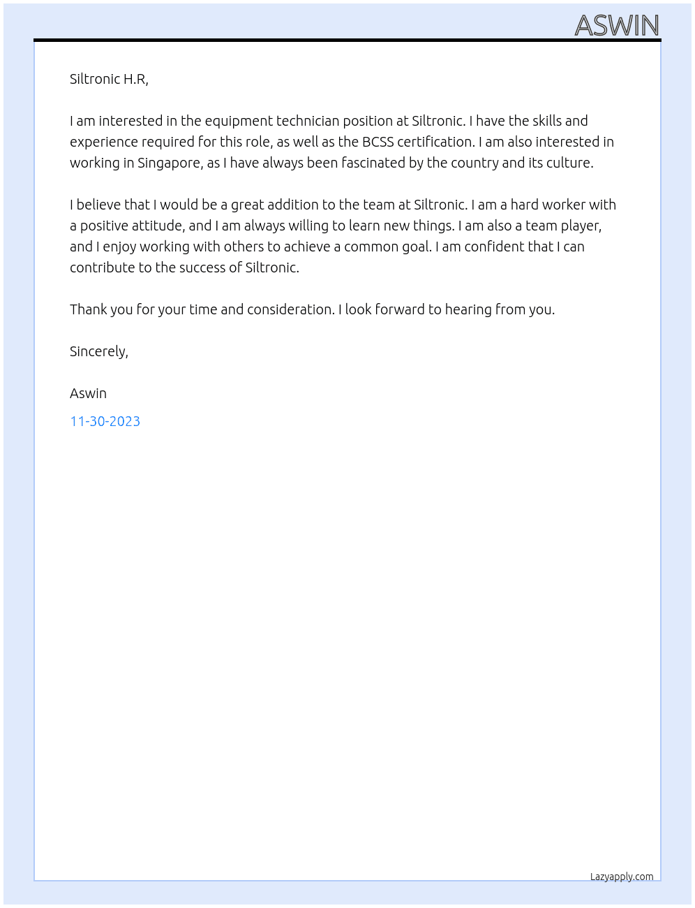 Equipment technician  At Siltronic  Cover Letter