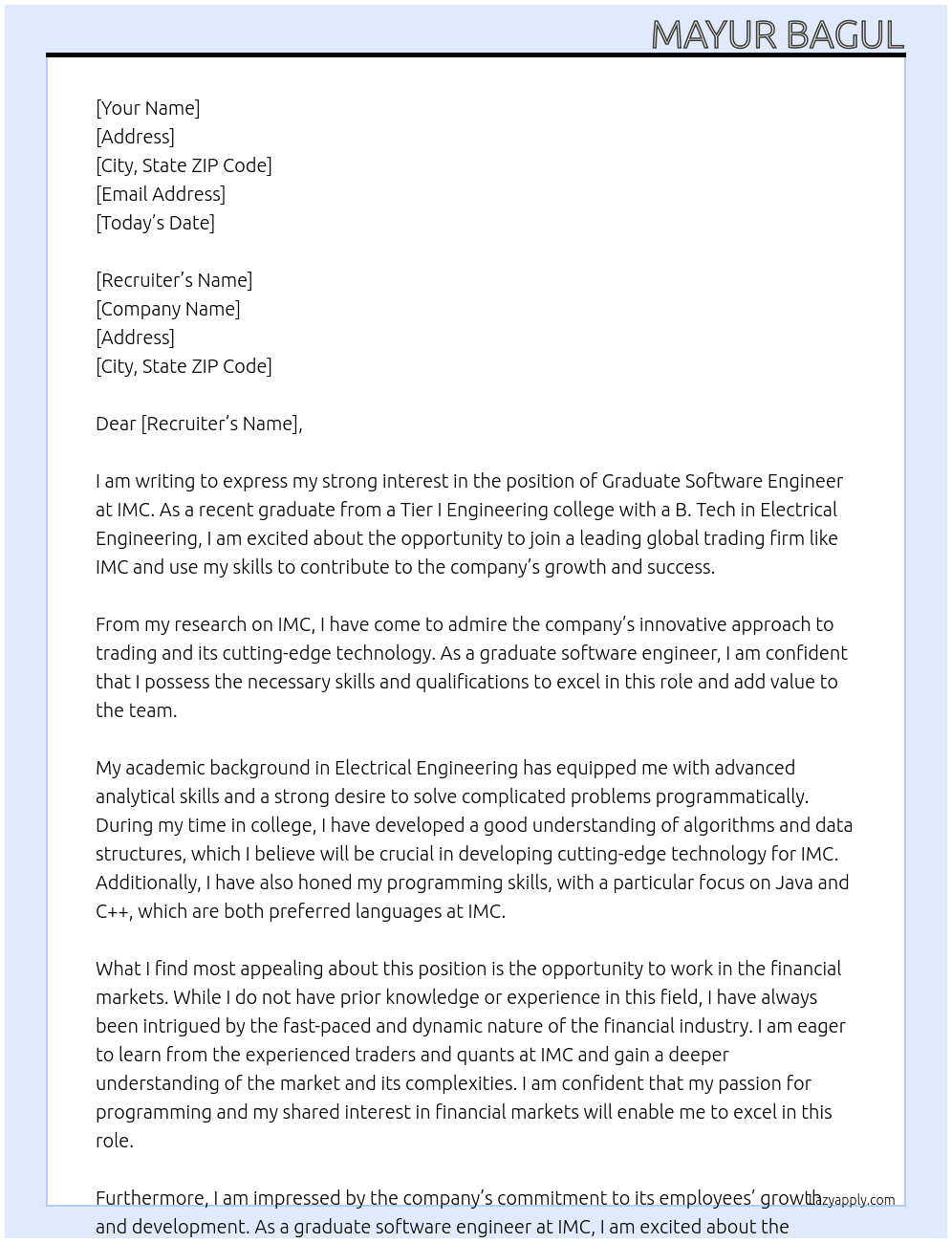 Graduate Software Engineer At IMC Cover Letter