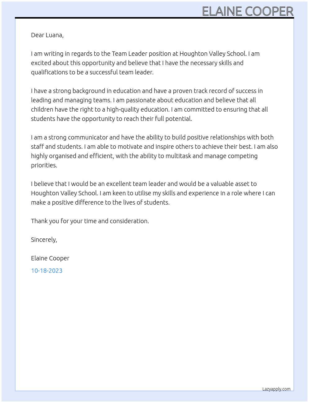 Team Leader  At Houghton Valley School  Cover Letter