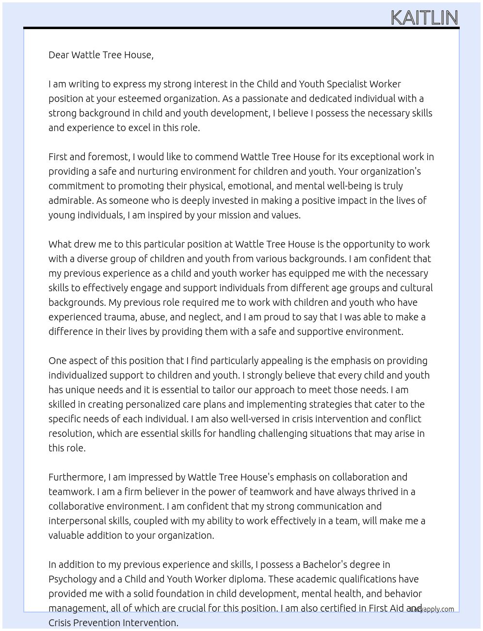 Child and Youth Specialist Worker At Wattle Tree House Cover Letter