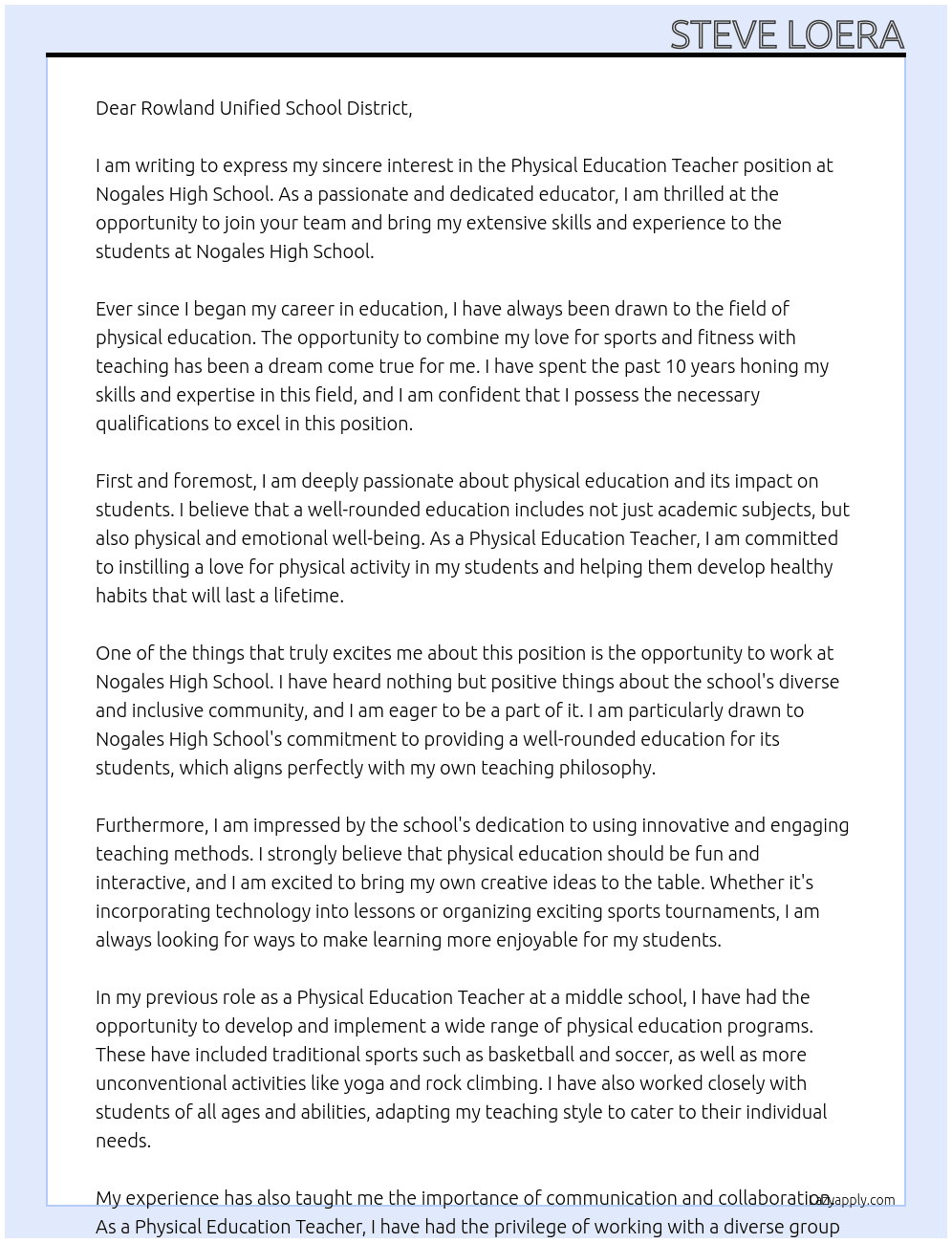 Physical Education Teacher  At Nogales High School Cover Letter