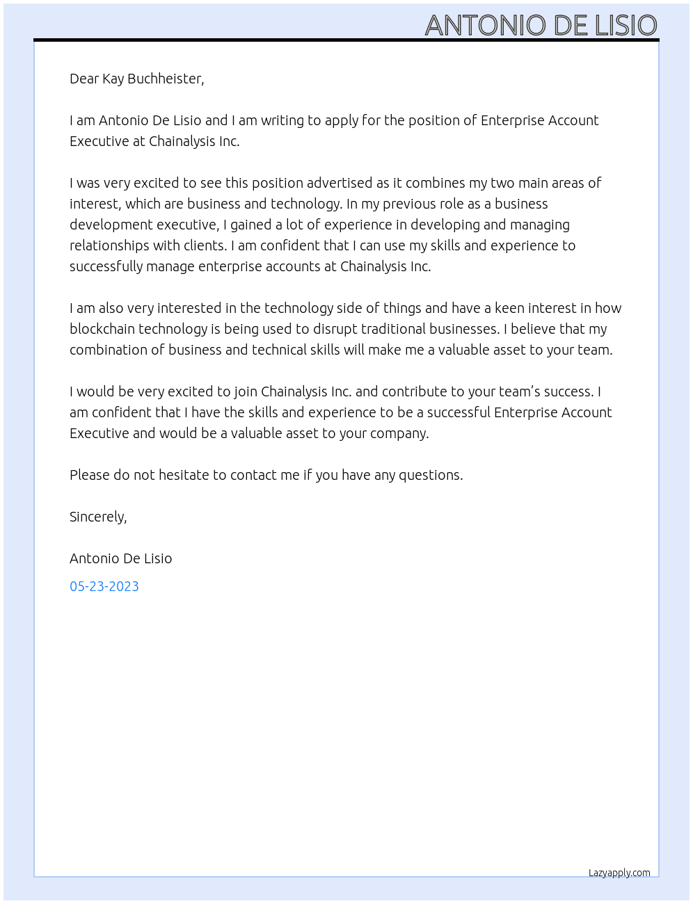 Enterprise Account Executive At Chainalysis Inc. Cover Letter