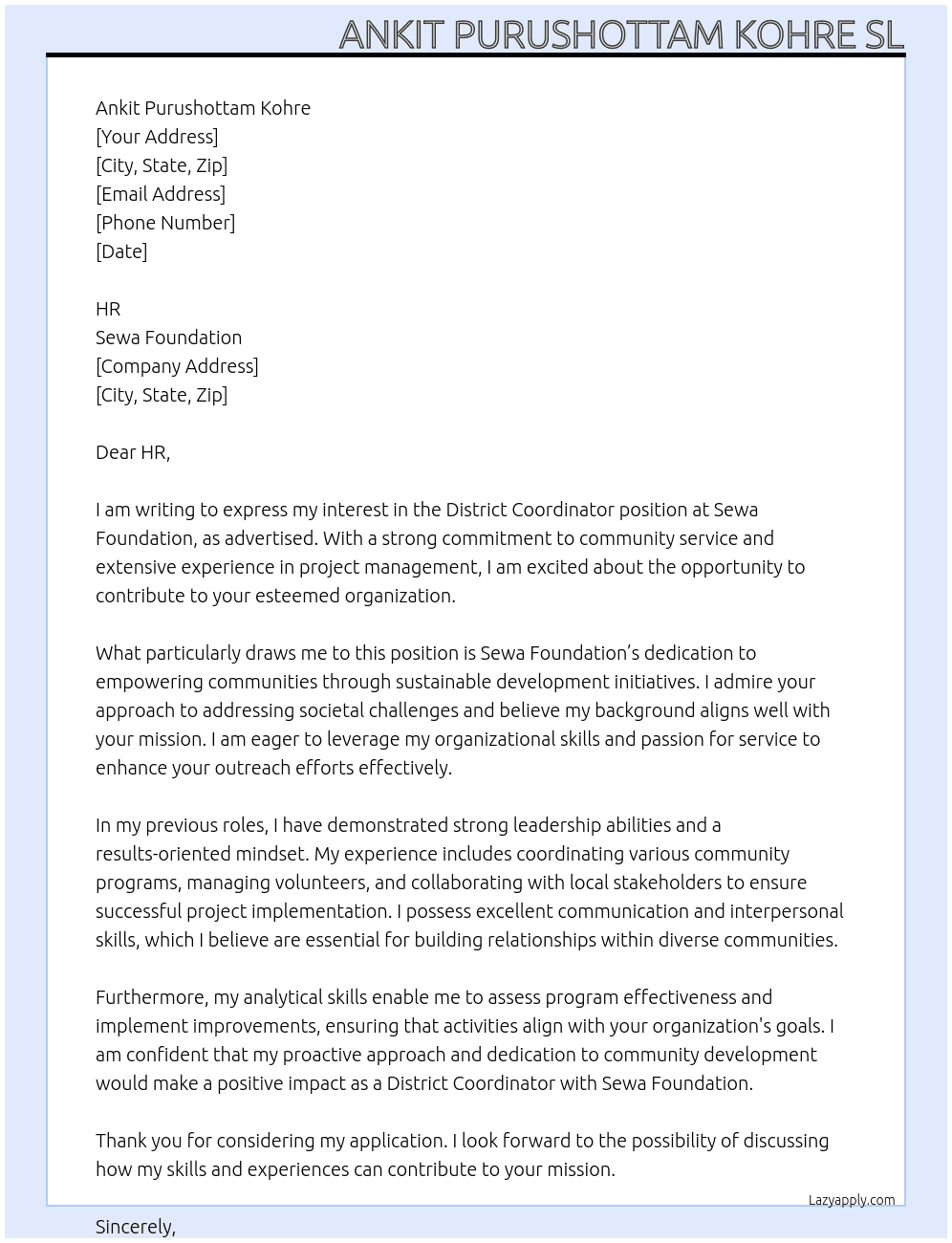 District Coordinator At Sewa Foundation  Cover Letter