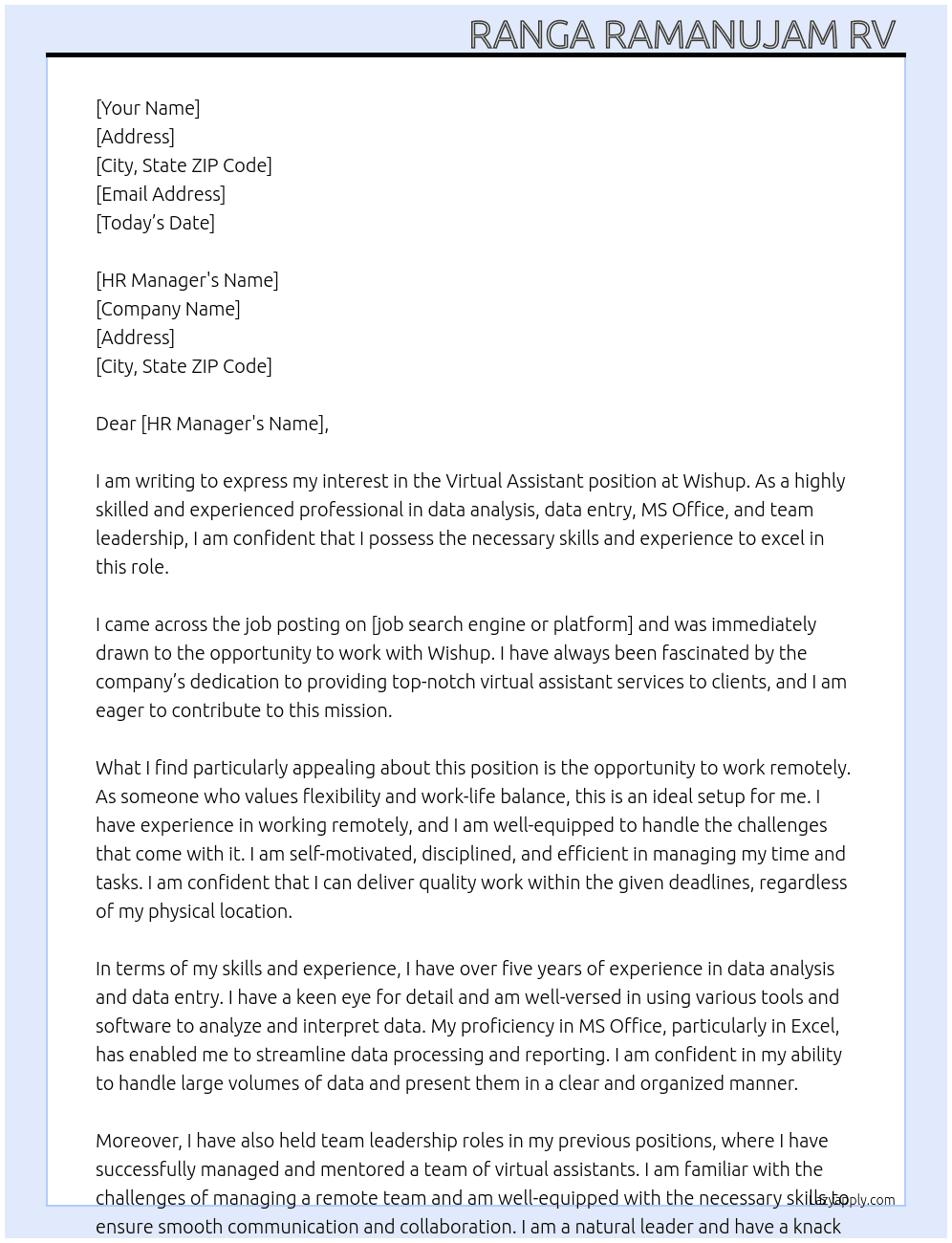 Virtual Assistant  At Wishup Cover Letter