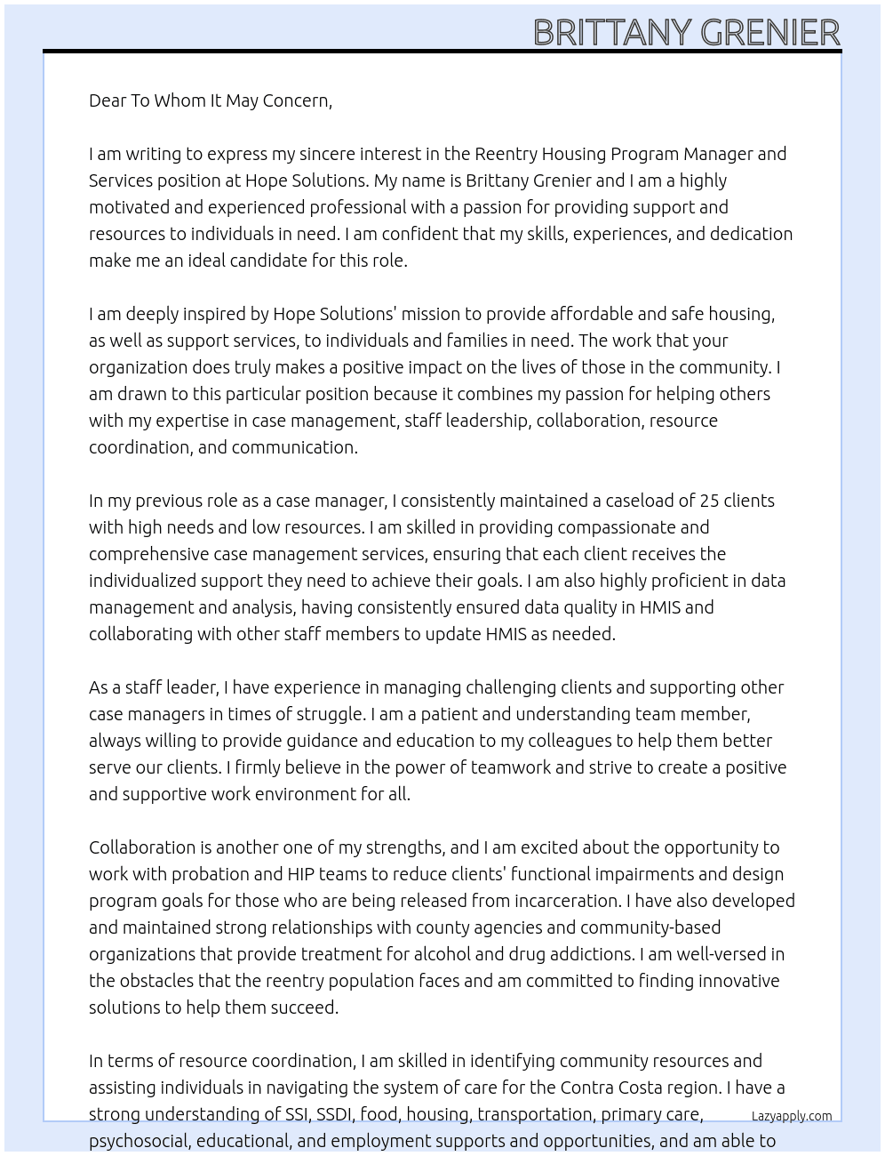 reentry housing program manager and services At hope solutions Cover Letter