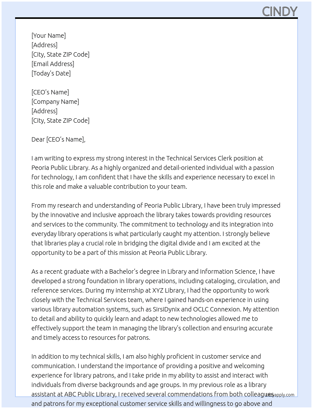 techinical services clerk At peoria public library Cover Letter