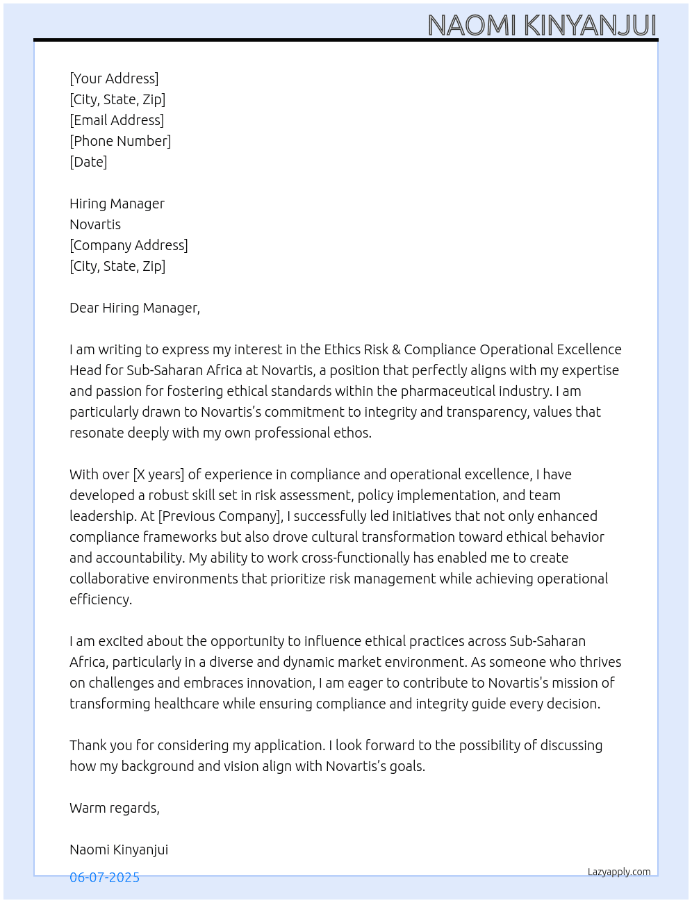 Ethics Risk & Compliance Operational Excellence Head Sub Saharan Africa At Novartis Cover Letter