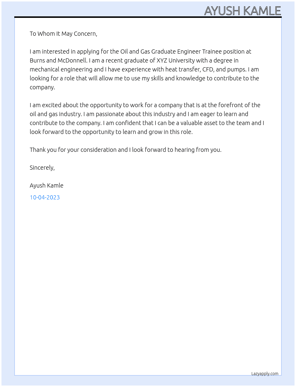 Oil and gas graduate engineer trainee At Burns and mcdonnell Cover Letter