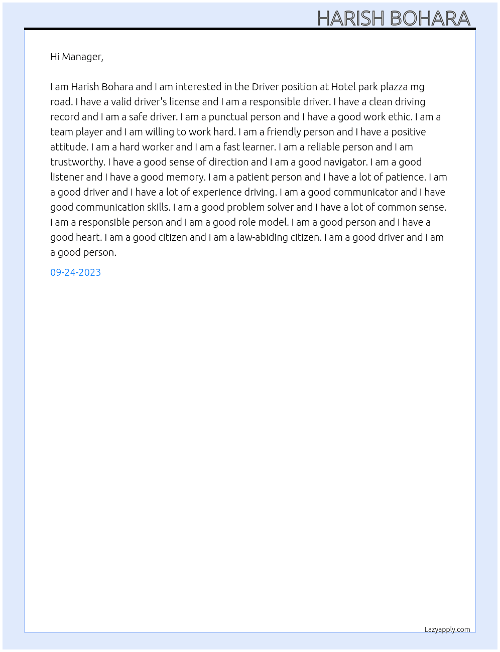 Driver  At Hotel park plazza mg road  Cover Letter