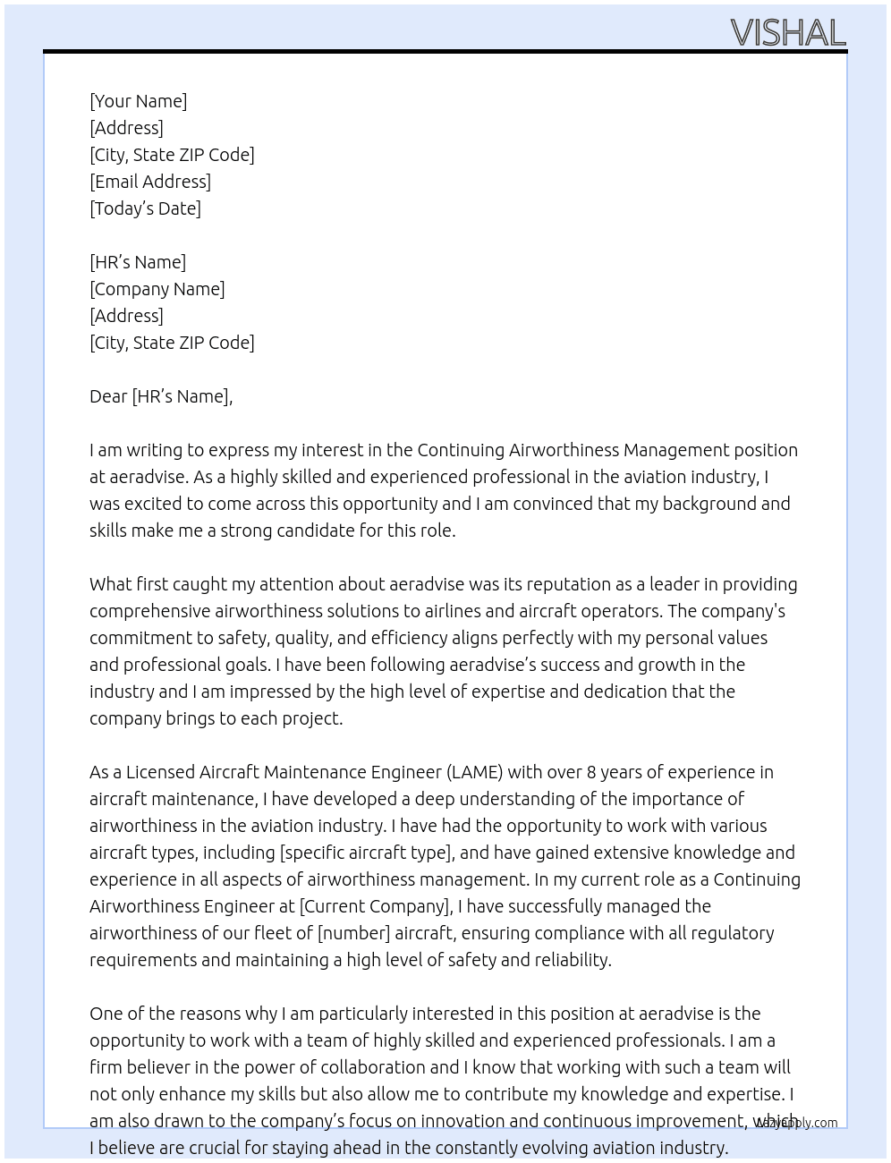 Cover letter for continuing airworthiness management - LazyApply