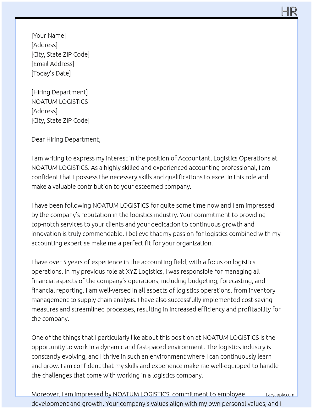 Accountant,Logistics Operations At NOATUM LOGISTICS Cover Letter