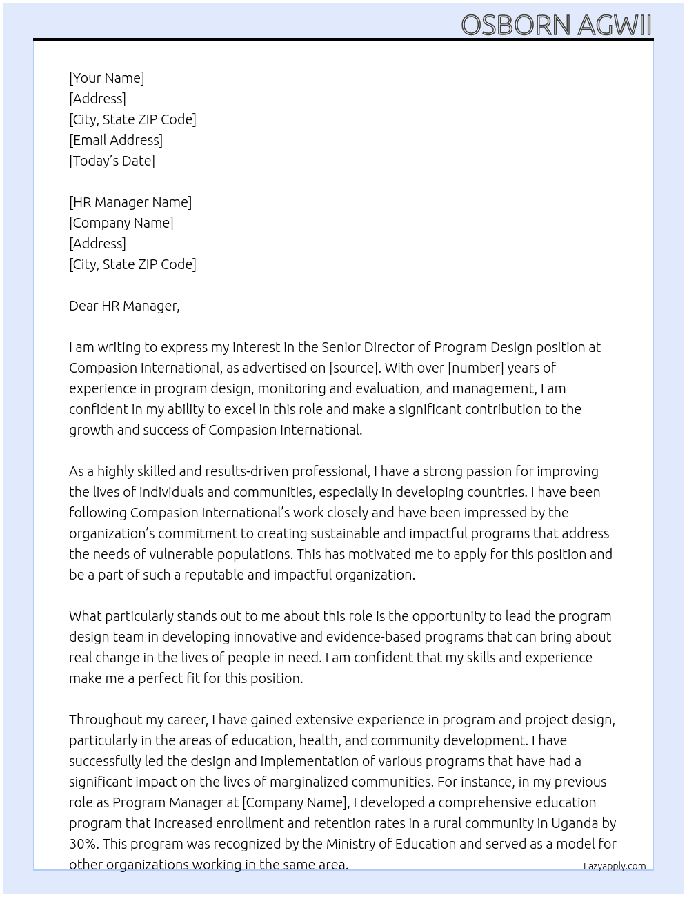 Senior Director of Program Design At Compasion International Cover Letter