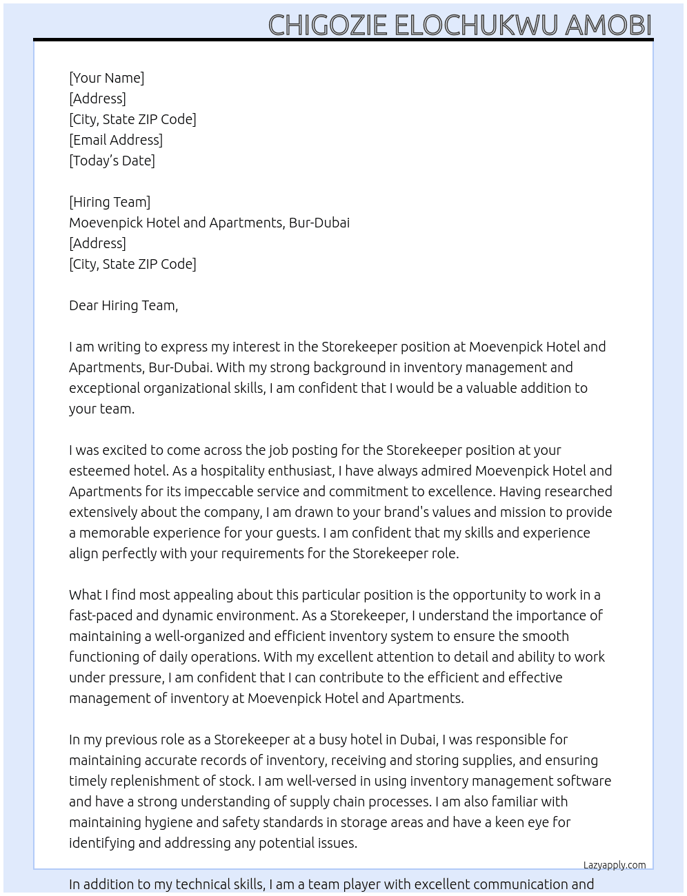 Storekeeper At Moevenpick Hotel and Apartments, Bur-Dubai Cover Letter