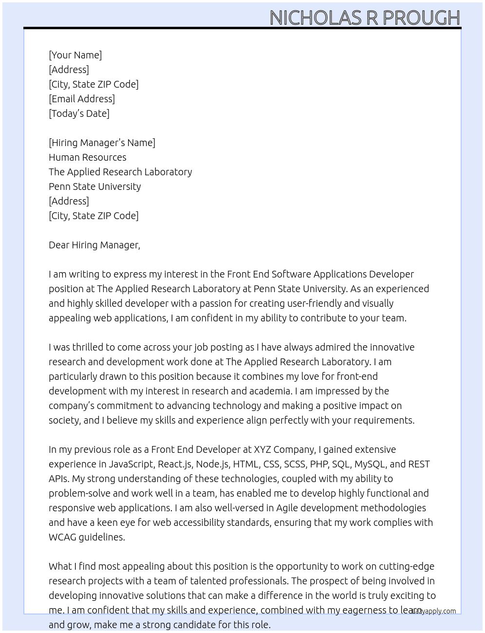 Cover letter for front end software applications developer - LazyApply