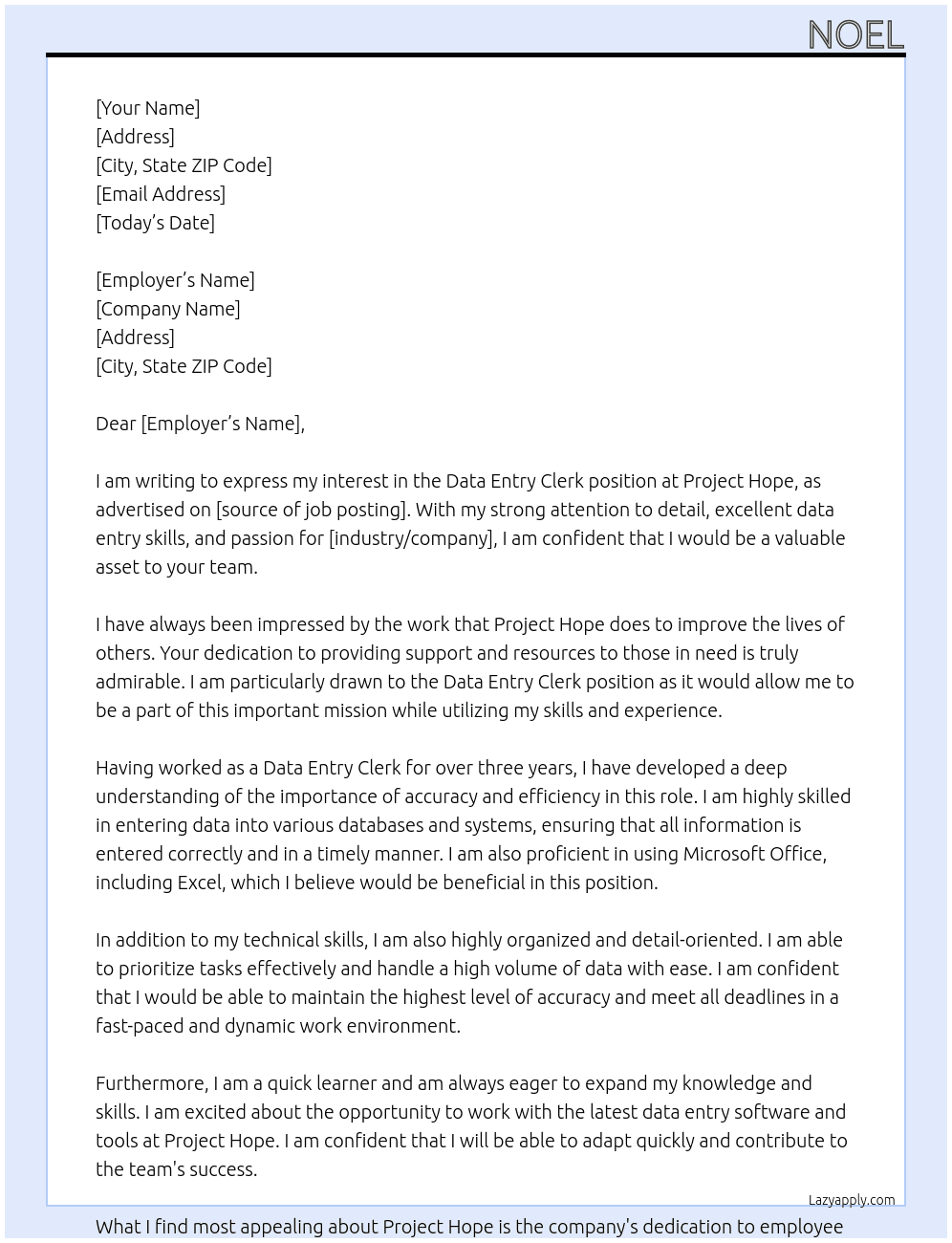 Data Entry Clerk At Project Hope Cover Letter