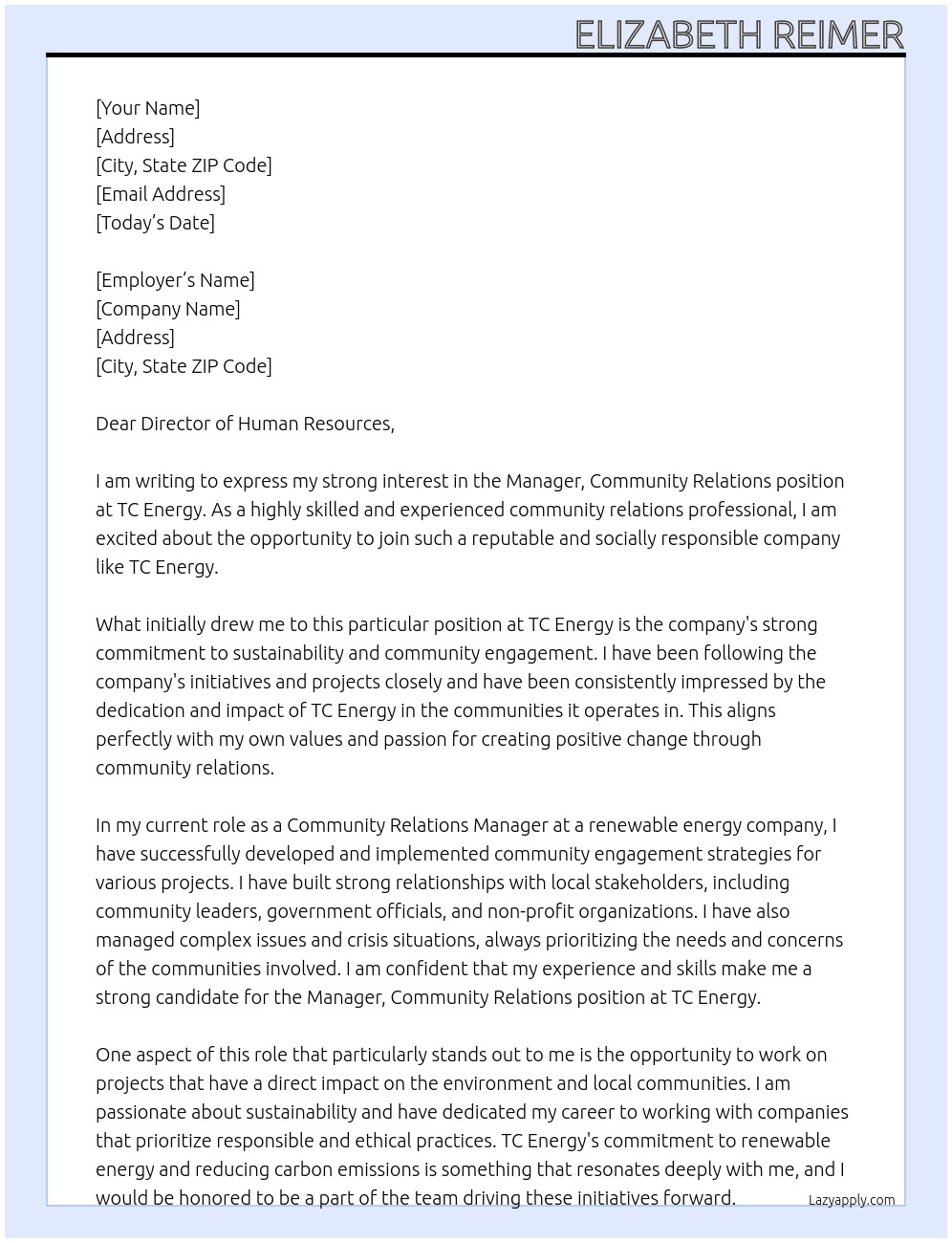 Manager, Community Relations At TC Energy Cover Letter