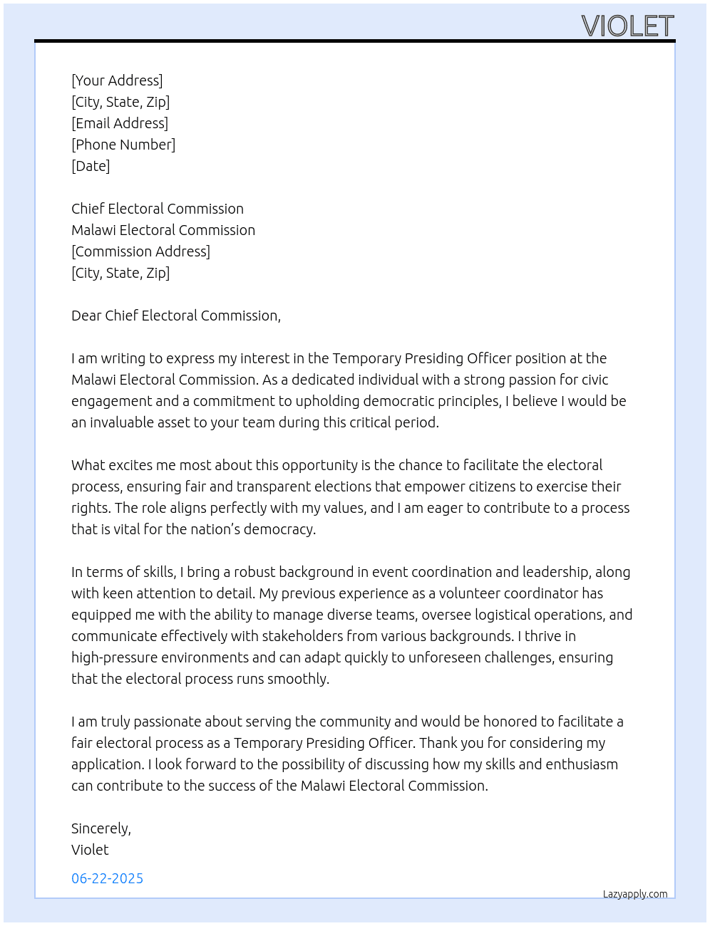 Temporary Presiding Officer At Malawi Electoral Commission Cover Letter