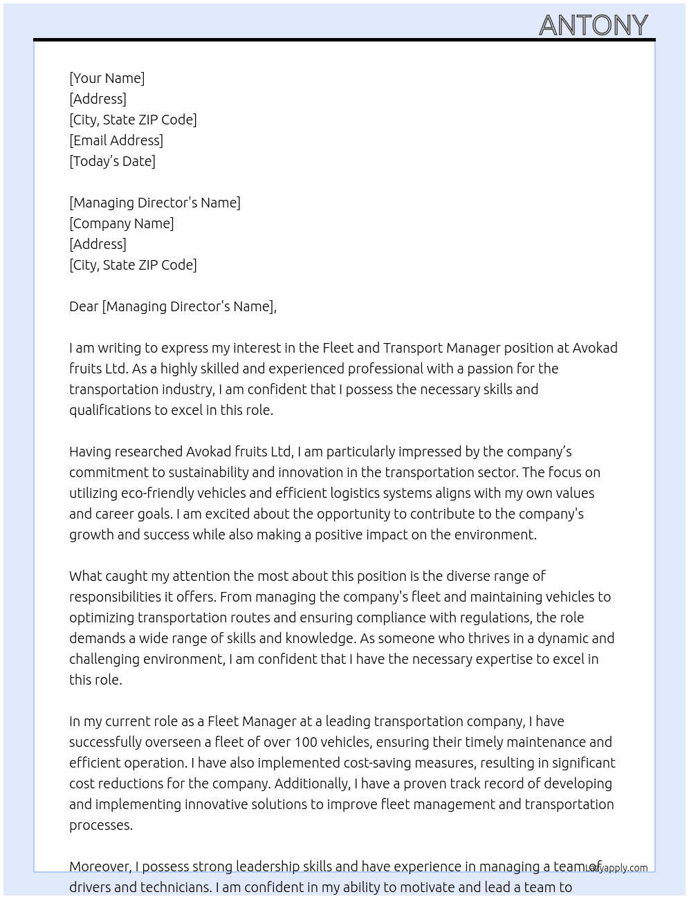 Fleet and Transport Manager  At Avokad fruits Ltd Cover Letter