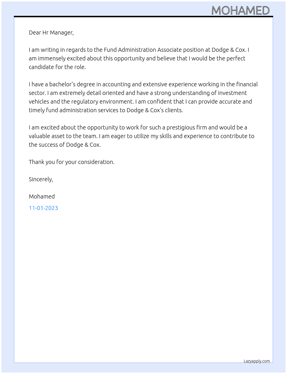 Fund Administration Associate At Dodge & Cox Cover Letter