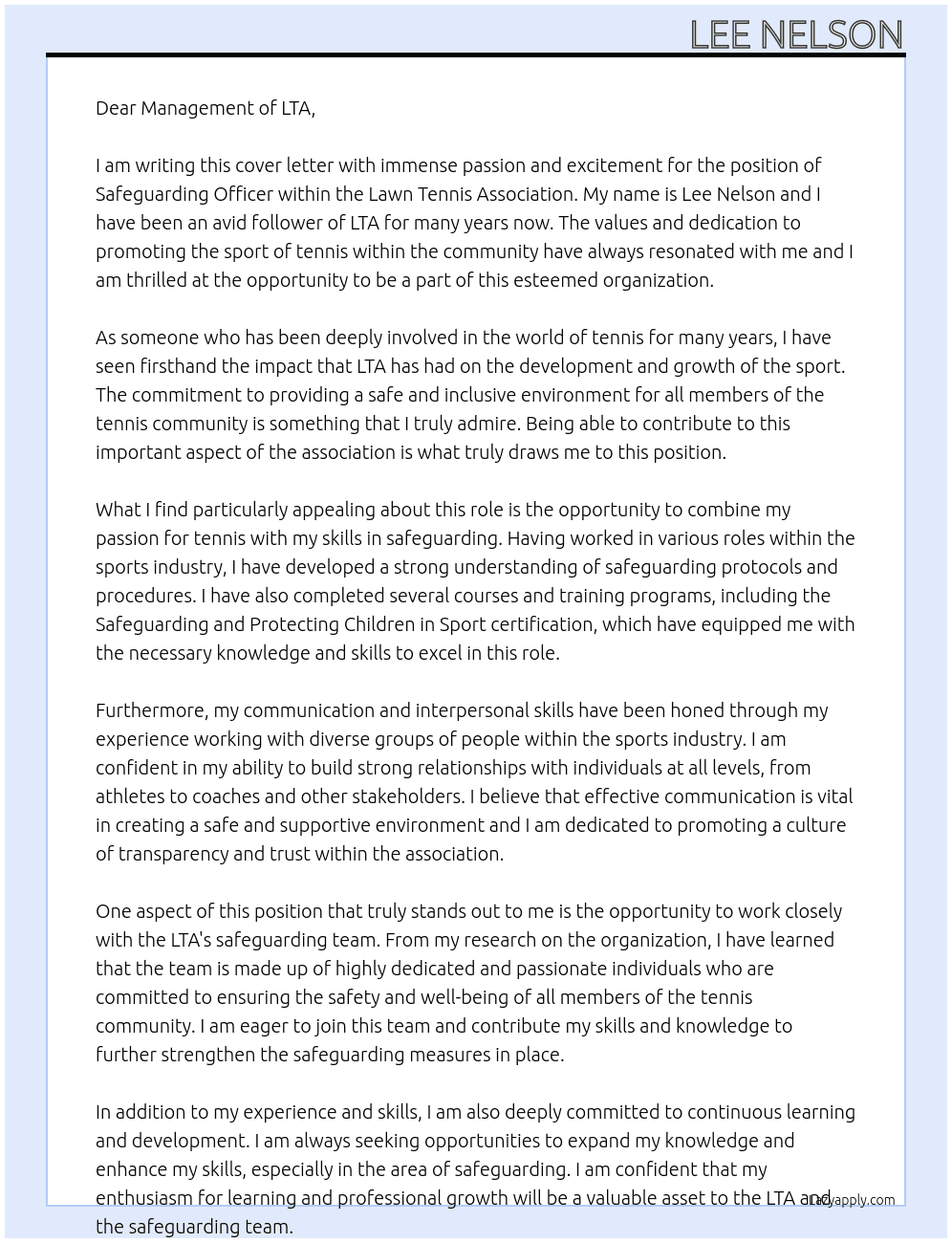 Cover letter for safeguarding office within the lawn tennis association - LazyApply