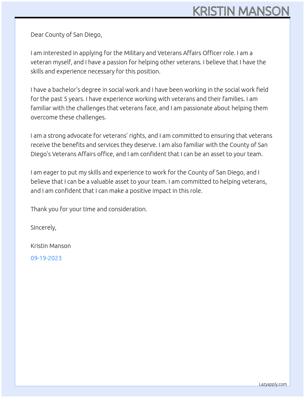 Military and Veterans Affairs Officer At County of San Diego Cover Letter