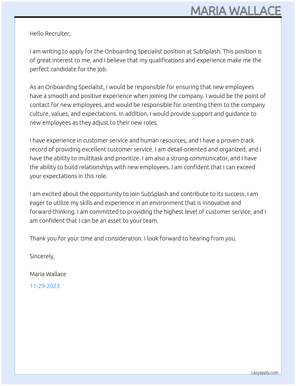 Onboarding Specialist At SubSplash Cover Letter