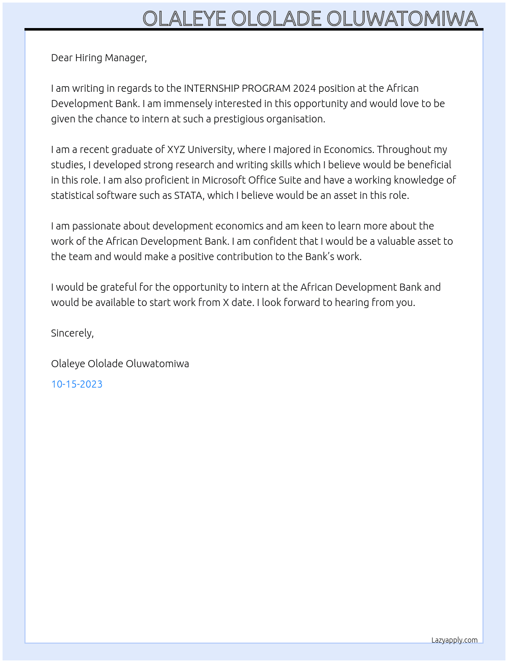 INTERNSHIP PROGRAM 2024 At African Development Bank Cover Letter