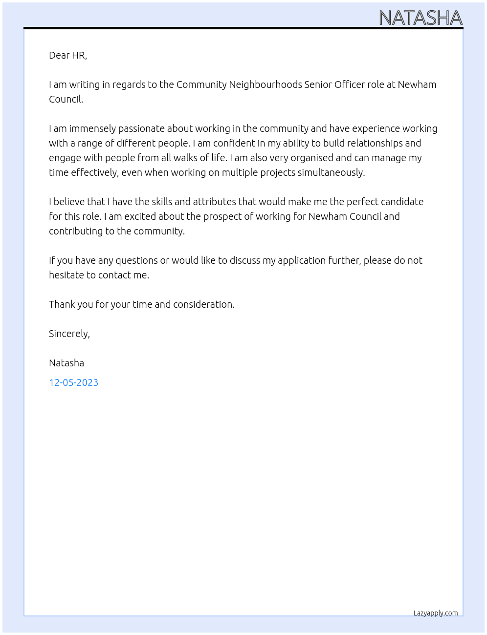 Community Neighbourhoods Senior Officer At Newham council  Cover Letter