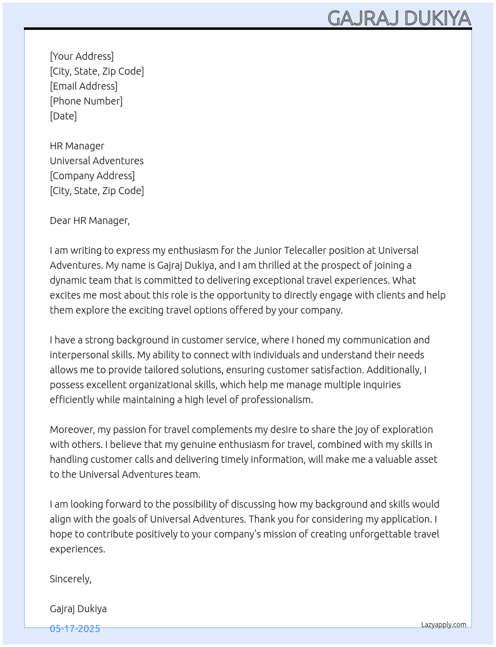 Cover letter for junior telecaller - LazyApply