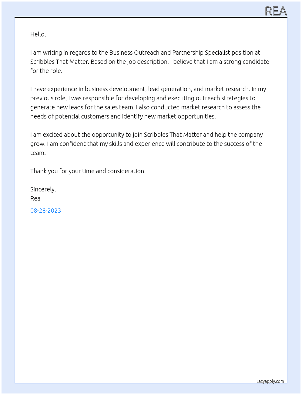Business Outreach and Partnership Specialist At Scribbles That Matter Cover Letter